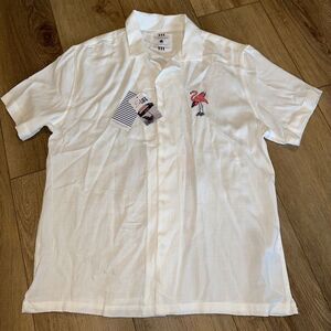 Denim & Flowers Mens White Button Down Shirt Flamingo Surf Hawaiian‎ Large NWT